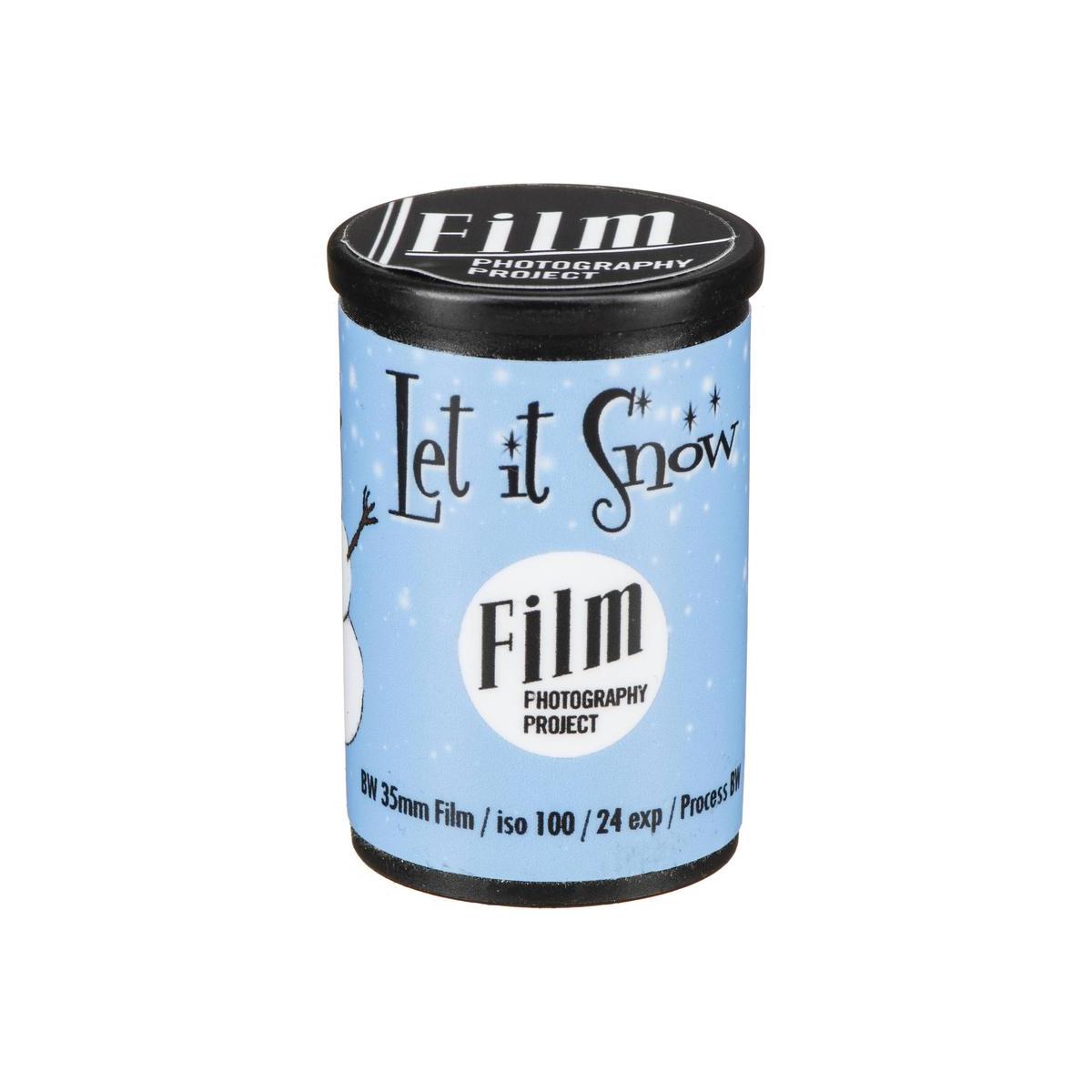 FPP Let It Snow 35mm black and white film canister in light blue packaging with a black cap and 24 exposure label.