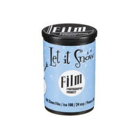 FPP Let It Snow 35mm black and white film canister in light blue packaging with a black cap and 24 exposure label.