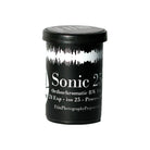 Black plastic 35mm film canister for FPP Sonic 25 ISO orthochromatic black and white film with sound wave graphic.