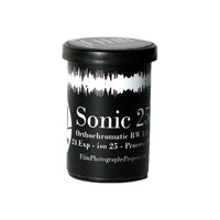Black plastic 35mm film canister for FPP Sonic 25 ISO orthochromatic black and white film with sound wave graphic.