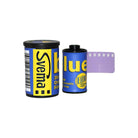 FPP Svema Blue 6 ISO 35mm black and white film canister and exposed roll with blue and yellow branding.