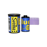 FPP Svema Blue 6 ISO 35mm black and white film canister and exposed roll with blue and yellow branding.