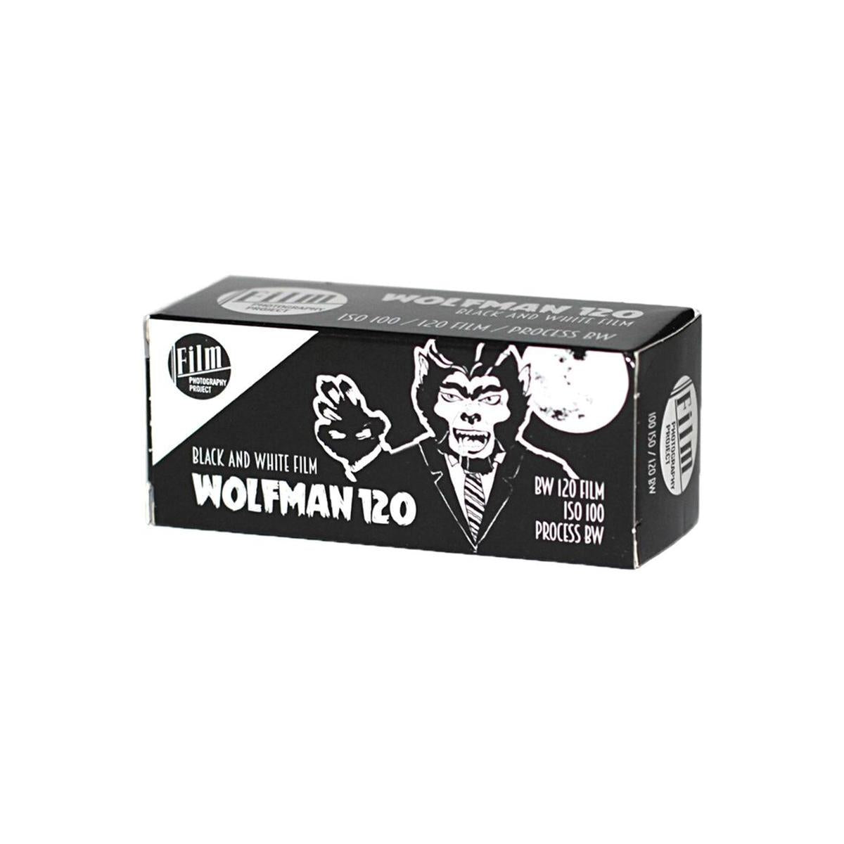 Black and white box of FPP Wolfman 100 ISO 120 medium format film with a classic monster illustration.