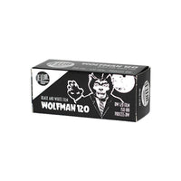 Black and white box of FPP Wolfman 100 ISO 120 medium format film with a classic monster illustration.