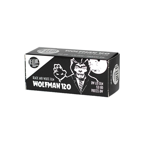Black and white box of FPP Wolfman 100 ISO 120 medium format film with a classic monster illustration.