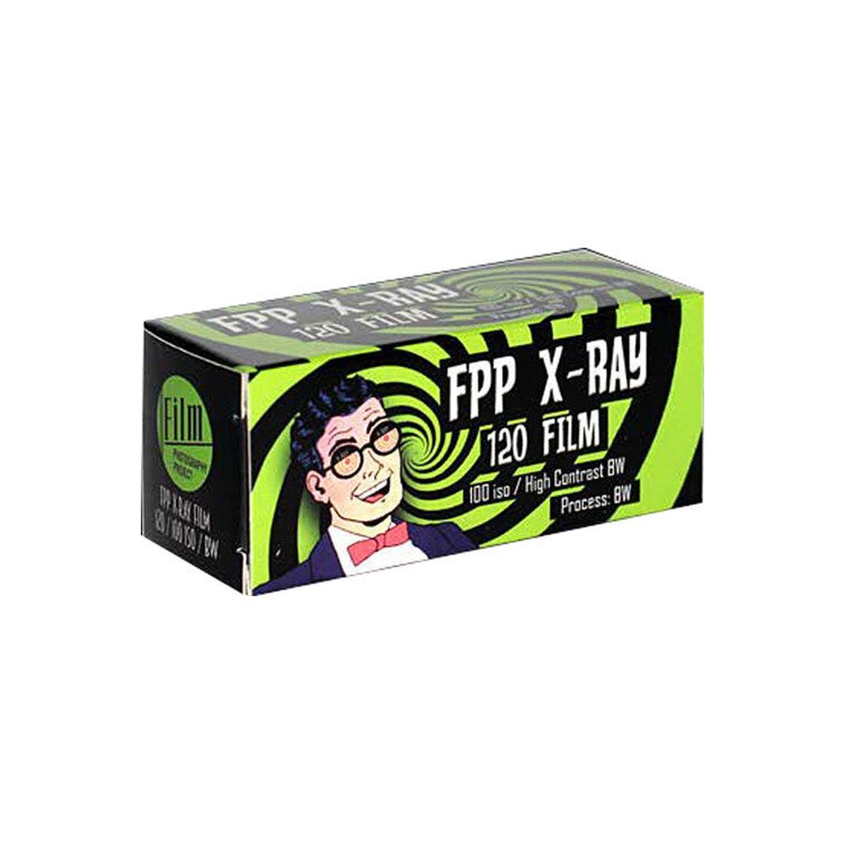 FPP X-RAY 100 ISO 120 black and white film box with a green, black, and white retro comic-style character design.