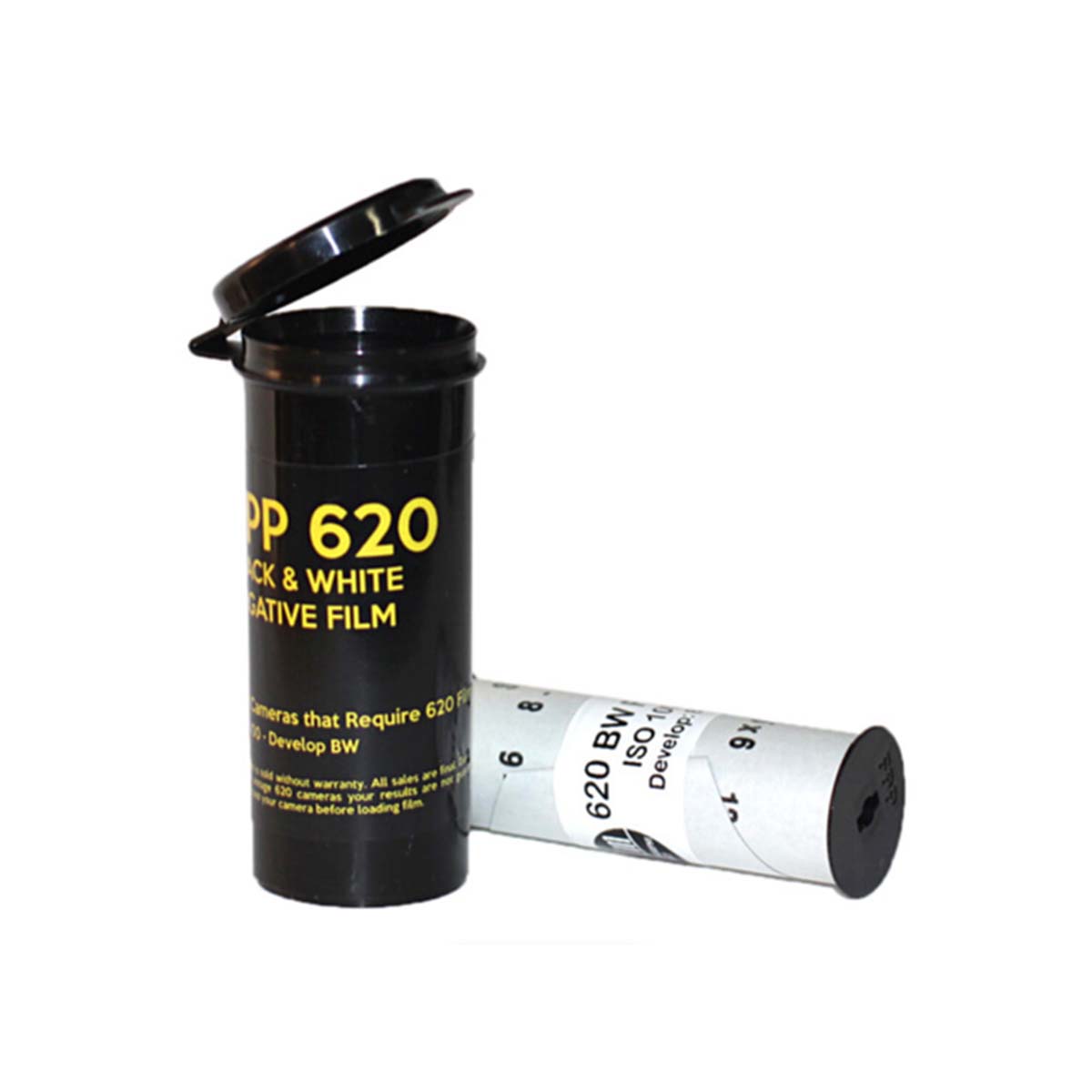 Two rolls of 620 Black & White negative film, with one standing upright showing its black plastic case lid open and the other lying down showing the white film roll with black text.