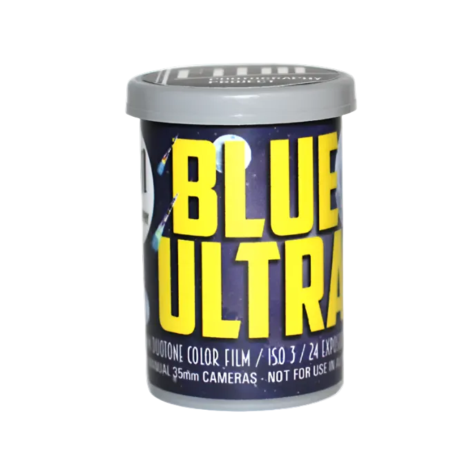 A canister of Blue Ultra II Color Film, featuring a dark navy blue label with bold yellow text and a gray lid, set against a plain white background.