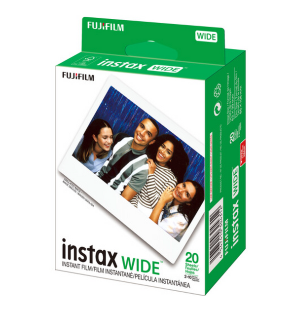 Green and white box of Fujifilm Instax Wide instant film containing 20 glossy sheets with a classic white border.