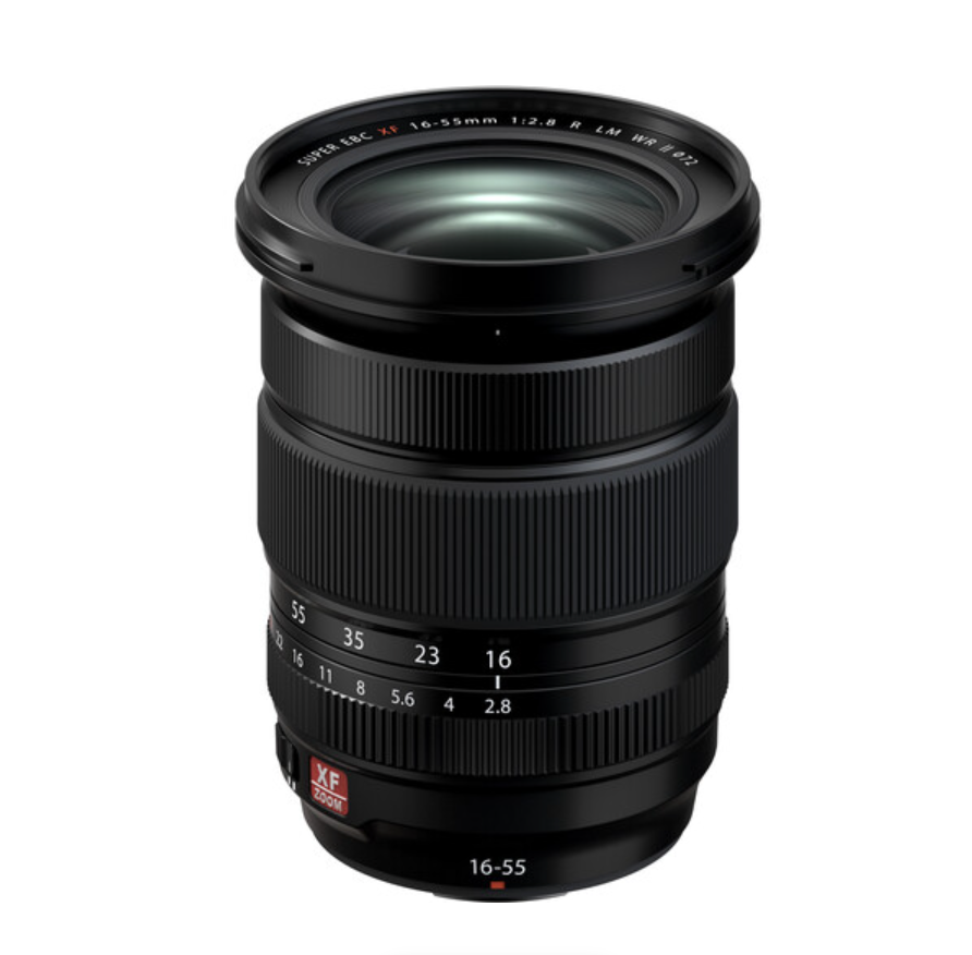 FUJIFILM XF 16-55mm f/2.8 R LM WR II Lens, black in color, with focus and zoom rings visible.