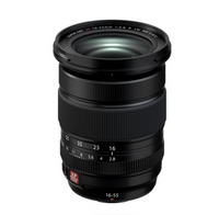 FUJIFILM XF 16-55mm f/2.8 R LM WR II Lens, black in color, with focus and zoom rings visible.