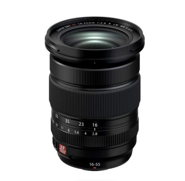 FUJIFILM XF 16-55mm f/2.8 R LM WR II Lens, black in color, with focus and zoom rings visible.