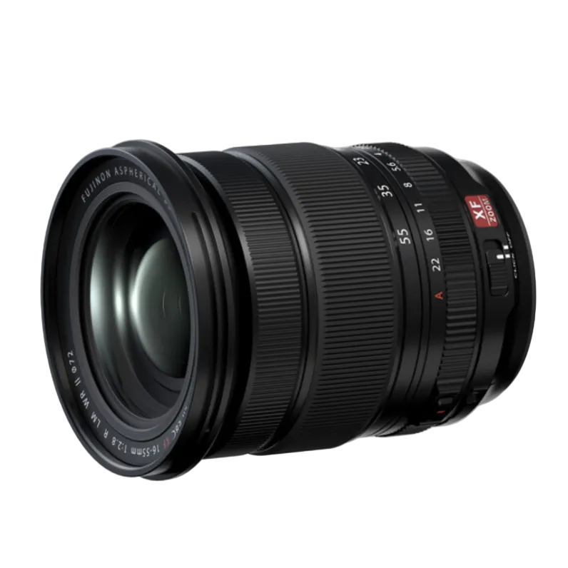 A black Fujinay ASPH. CRI-PRO 18-55mm f/2.8 lens with a red AF-S logo, shown at a three-quarter angle on a white background.
