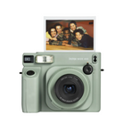 A green FUJIFILM INSTAX WIDE 400 instant film camera with an image of multiple people displayed on its lens.