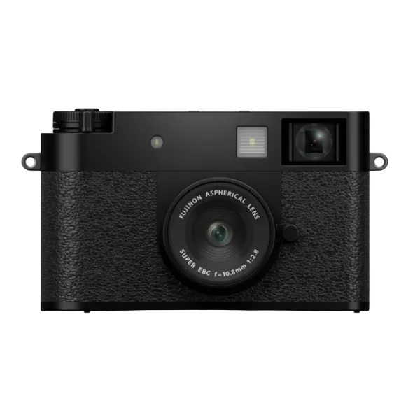 Black camera with textured finish on a white background