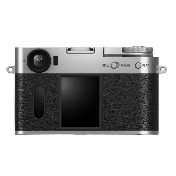 Camera with black leather texture and silver metal accents on a white background