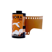 FilmNeverDie SORA 200 35mm color film roll with a white bird illustration on an orange label against a black canister.