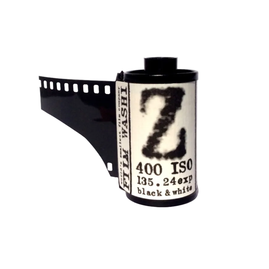 A 35mm black and white film roll with the label 'Film Washi Z 400 ISO 135 24 exp' indicating it is near infrared-sensitive and has 24 exposures.