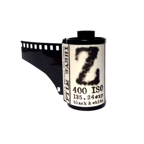 A 35mm black and white film roll with the label 'Film Washi Z 400 ISO 135 24 exp' indicating it is near infrared-sensitive and has 24 exposures.