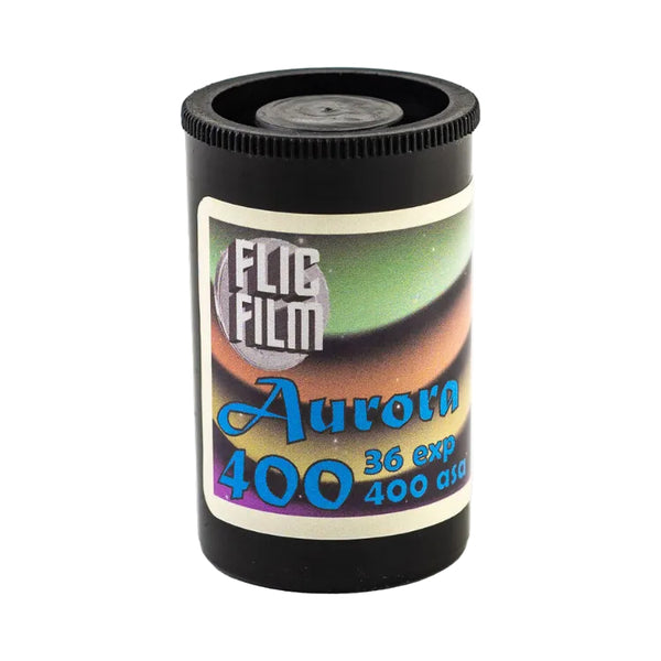 Film canister labeled 'Aurova 400' with 'FLIC FILM' branding on a white background