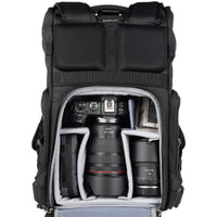 Black camera backpack with Canon camera and lenses inside on a white background
