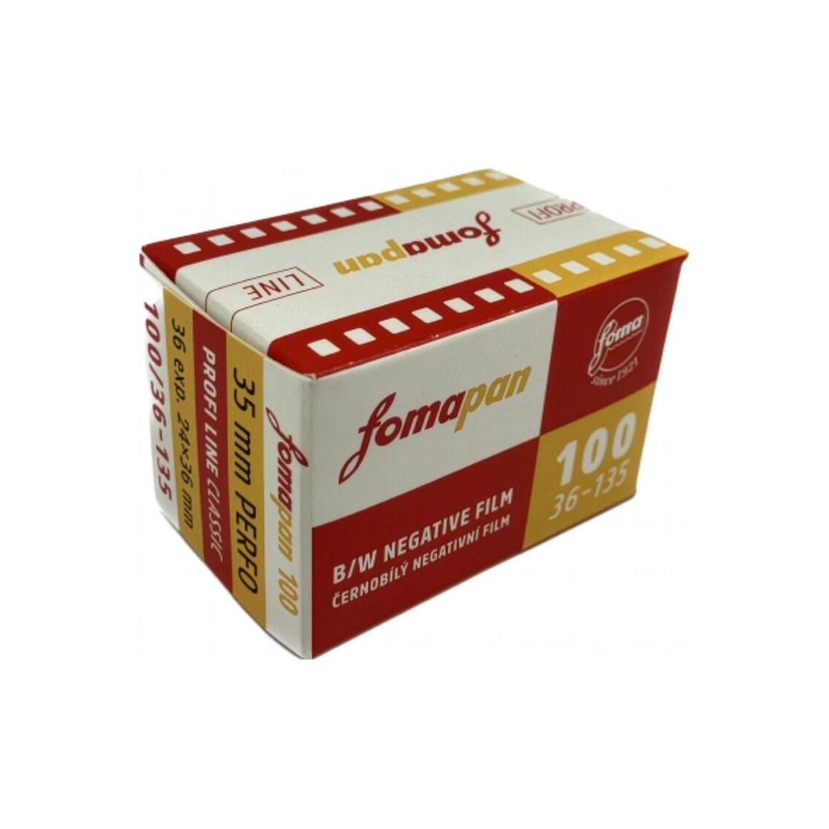 Fomapan 100 ISO 35mm black and white film box in retro red, white, and yellow packaging with 36 exposures.