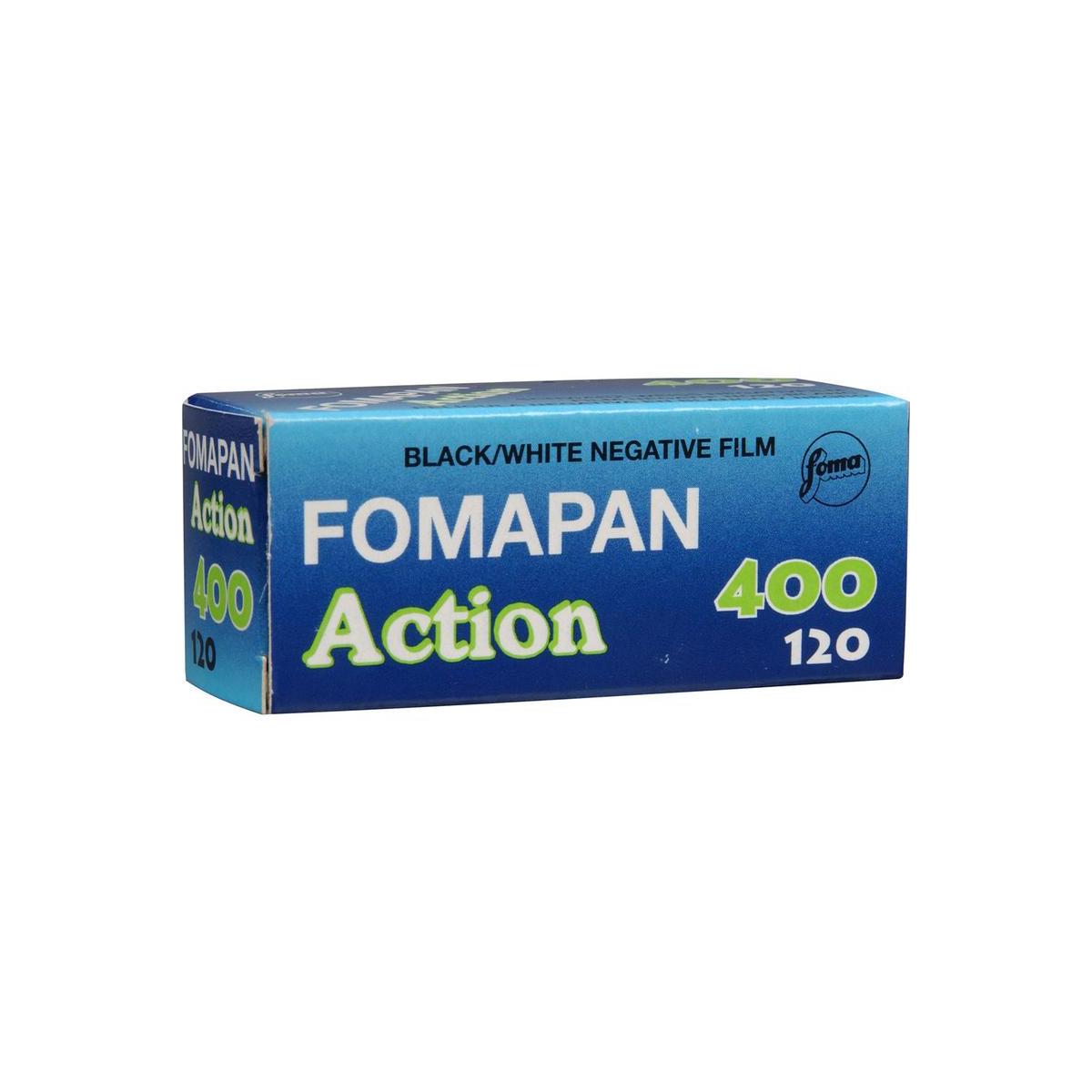 Blue box of Fomapan Action 400 ISO 120 black and white negative film on a white background.