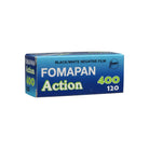 Blue box of Fomapan Action 400 ISO 120 black and white negative film on a white background.