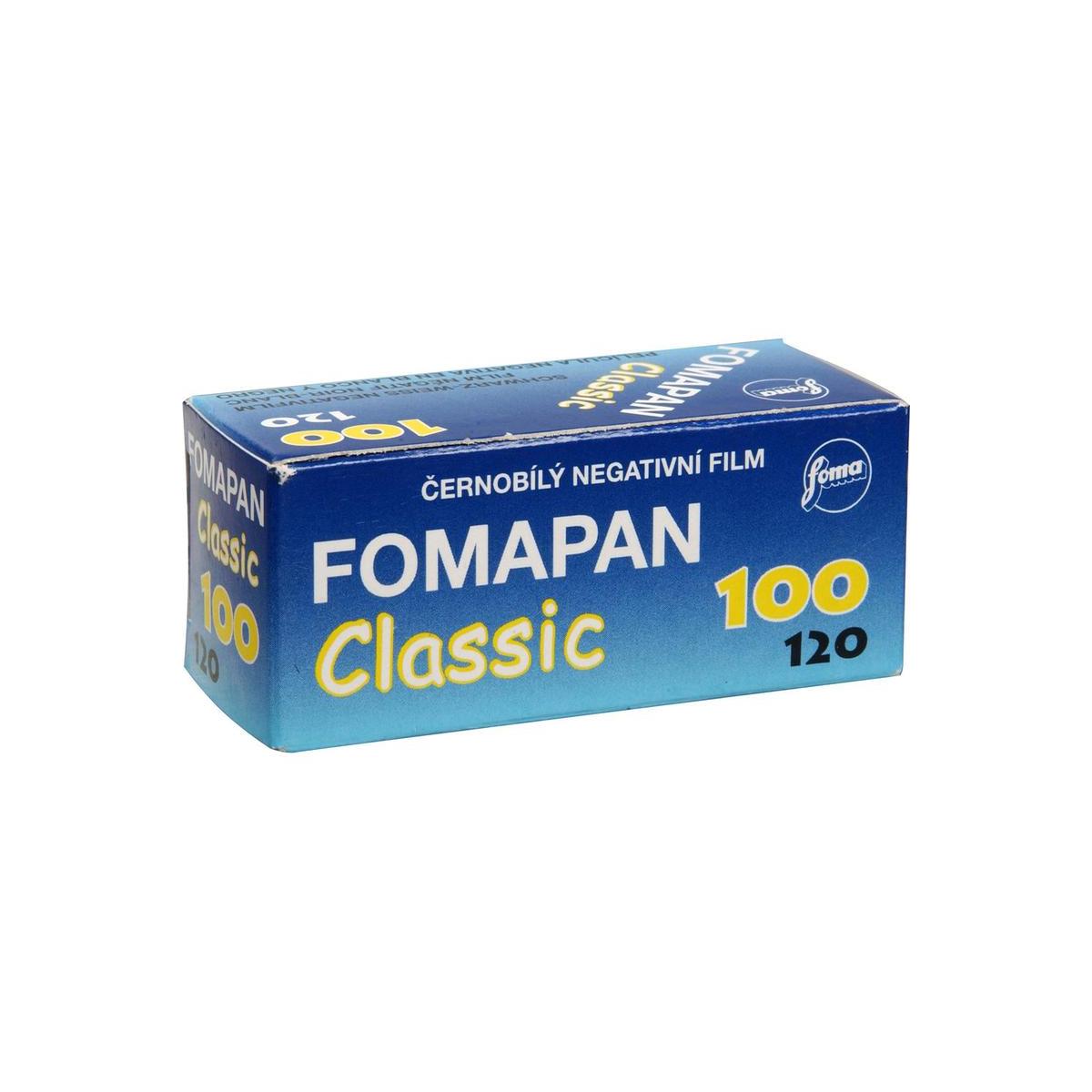 Blue box of Fomapan Classic 100 ISO 120 black and white negative film with yellow text and branding.