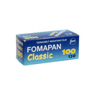 Blue box of Fomapan Classic 100 ISO 120 black and white negative film with yellow text and branding.