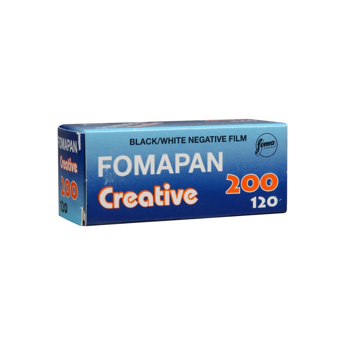Blue box of Fomapan Creative 200 ISO 120 black and white negative film with bold white and orange branding.