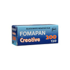 Blue box of Fomapan Creative 200 ISO 120 black and white negative film with bold white and orange branding.