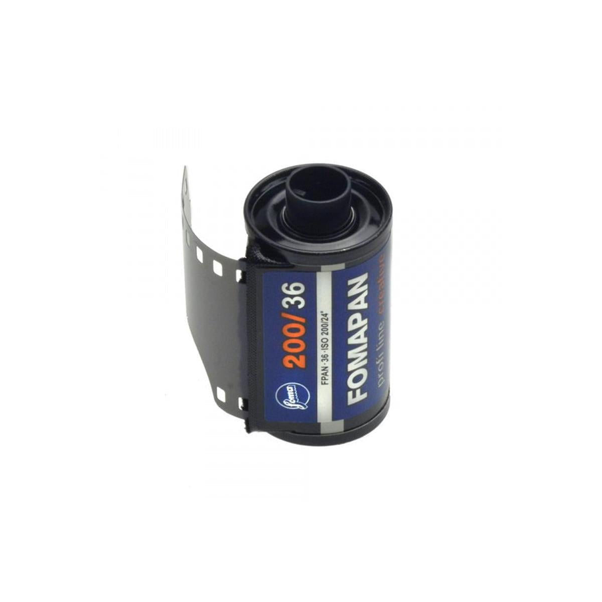 Fomapan Creative 200 ISO 35mm black and white film roll with blue and white label on a white background.