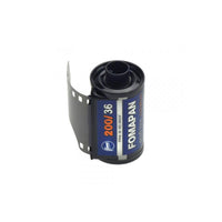Fomapan Creative 200 ISO 35mm black and white film roll with blue and white label on a white background.