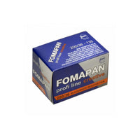 Blue and white cardboard box of Fomapan Creative 200 ISO 35mm black and white film with 36 exposures.