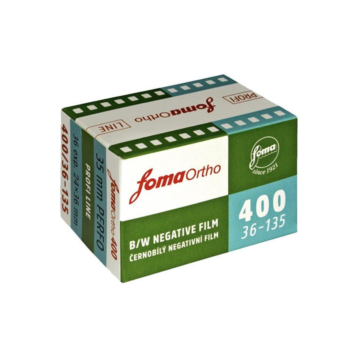 Fomapan Ortho 400 ISO 35mm black and white film box in green and white packaging with 36 exposures.