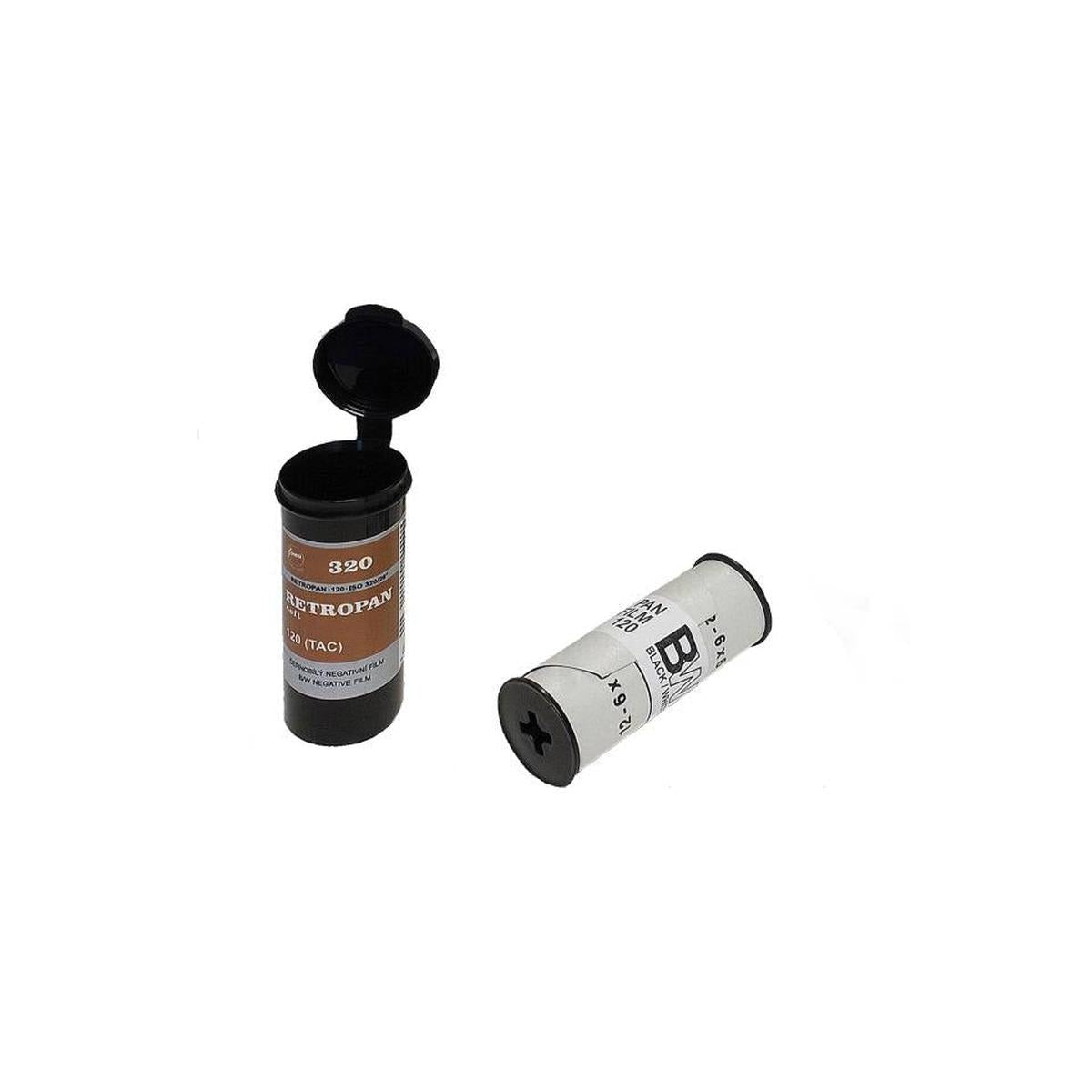 Single roll of Fomapan Retropan 320 ISO 120 black and white film with its black plastic protective storage case.