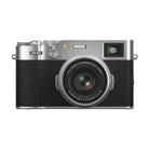 Black and silver Fujifilm camera on a white background