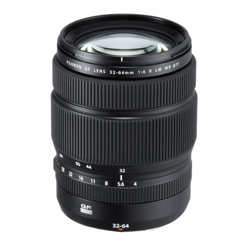 FUJIFILM GF 32-64mm f/4 R LM WR Lens with focus and zoom rings visible.