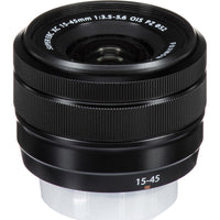 A black Fujifilm SuperEtc VC 15-45mm lens with white text markings, shown on a clean white background.