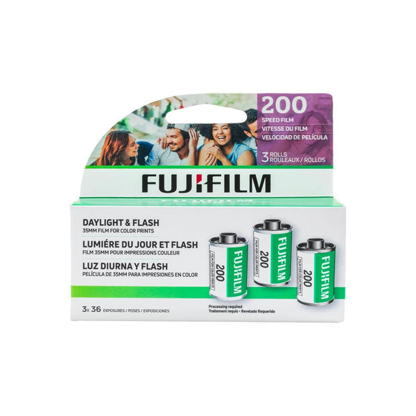 Fujifilm 200 ISO 35mm color negative film 3-pack box featuring three film canisters and daylight photography imagery.