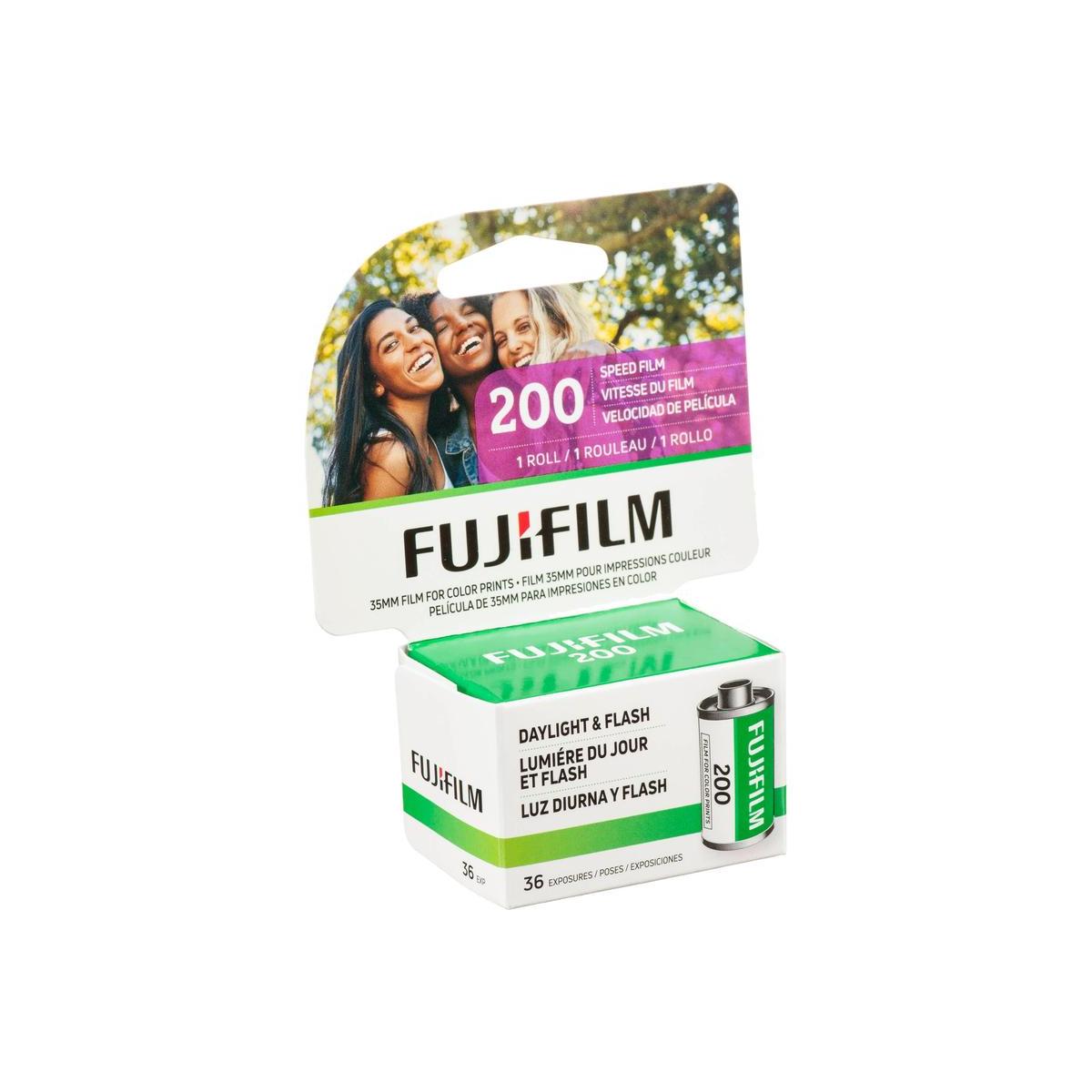 Fujifilm 200 ISO 35mm color film box with 36 exposures, featuring green and white branding and a sample photo on top.