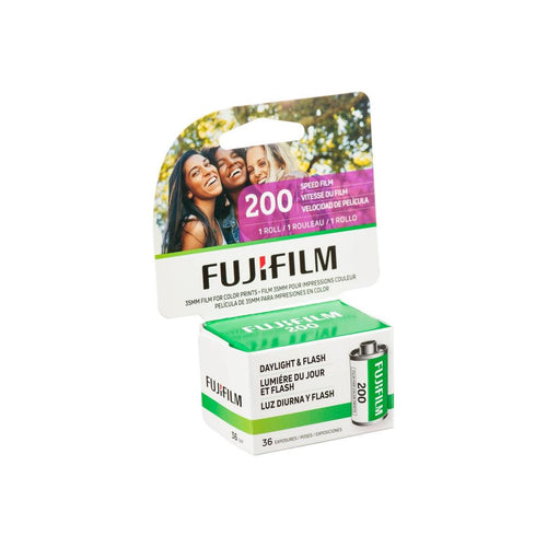 Fujifilm 200 ISO 35mm color film box with 36 exposures, featuring green and white branding and a sample photo on top.