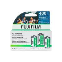 Fujifilm 400 ISO 35mm color negative film 3-pack box featuring three film canisters and a group campfire scene.
