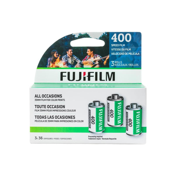 Fujifilm 400 ISO 35mm color negative film 3-pack box featuring three film canisters and a group campfire scene.