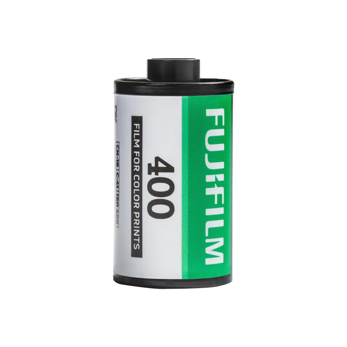 Fujifilm 400 ISO 35mm color negative film roll with green and white branding on a black canister.