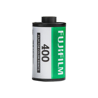 Fujifilm 400 ISO 35mm color negative film roll with green and white branding on a black canister.