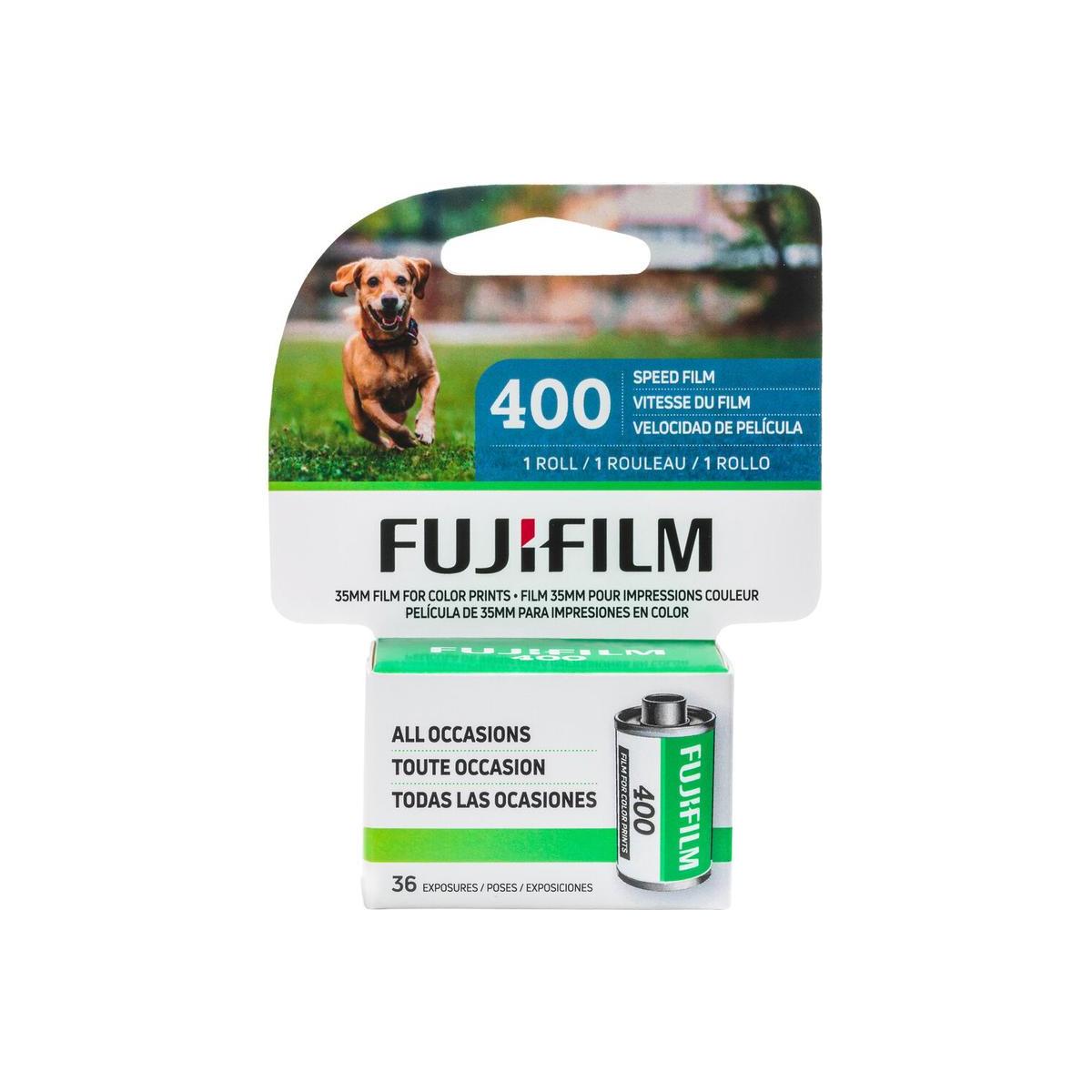 Fujifilm 400 ISO 35mm color film roll in retail packaging with a dog photo and 36 exposures.