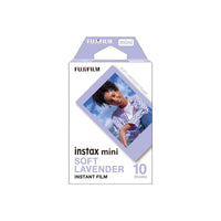 Fujifilm Instax Mini instant film pack with 10 sheets in a soft lavender frame design for credit card-sized prints.