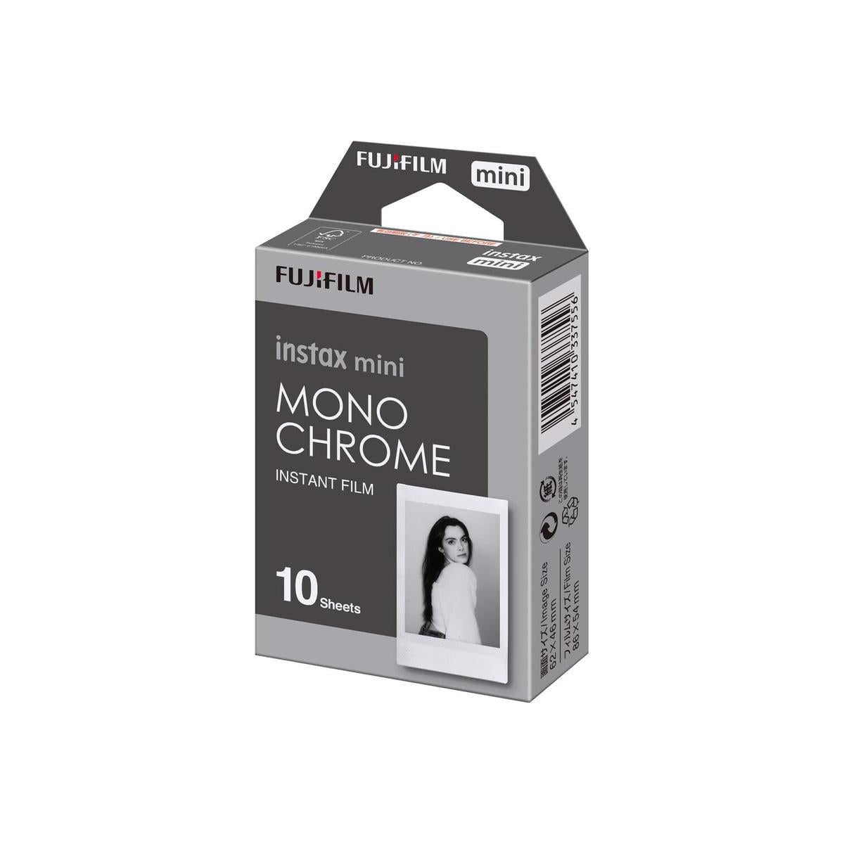 Fujifilm Instax Mini Monochrome instant film box with 10 sheets for credit card-sized black and white prints.
